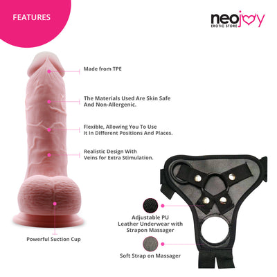 Neojoy - Chubby Dildo With Strap-On Dong Harness - 21.34cm - 8.4 inch