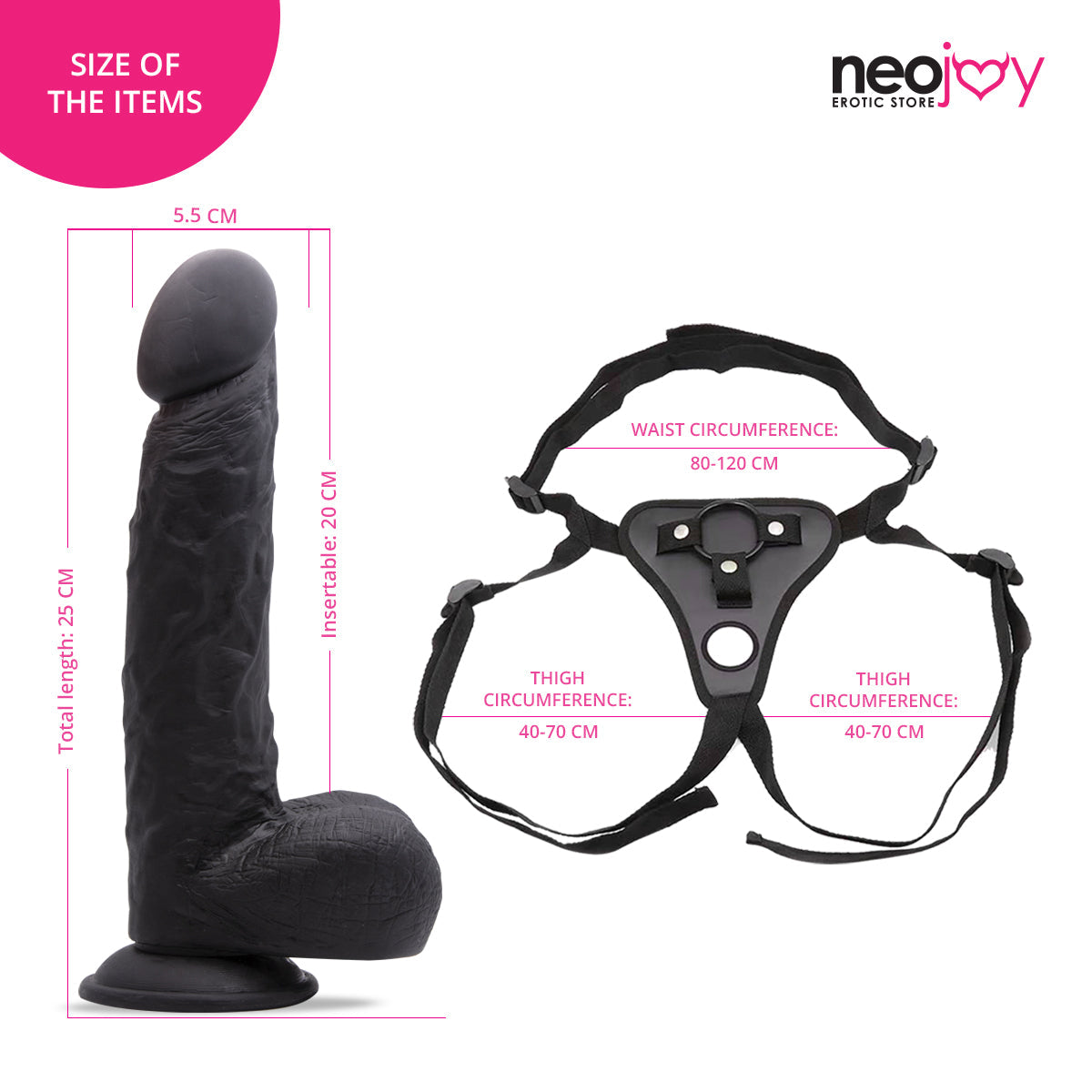 Neojoy - Girthy Lover Dildo With Strap-On Dong Harness - Black - 25cm - 9.8 inch