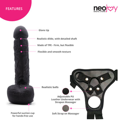 Neojoy - Girthy Lover Dildo With Strap-On Dong Harness - Black - 25cm - 9.8 inch