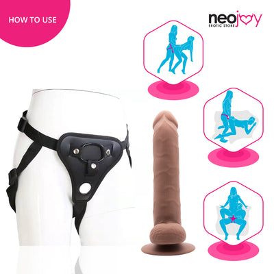 Neojoy - Daydream Realistic Dildo With Strap-On Dong Harness - Brown - 22.3cm - 8.8 inch