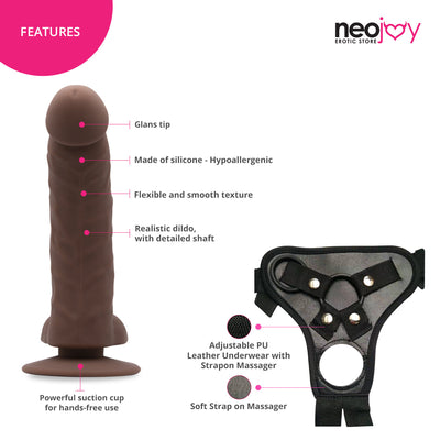 Neojoy - Curved Charmer Dildo With Strap-On Dong Harness - Brown - 21.4cm - 8.4 inch
