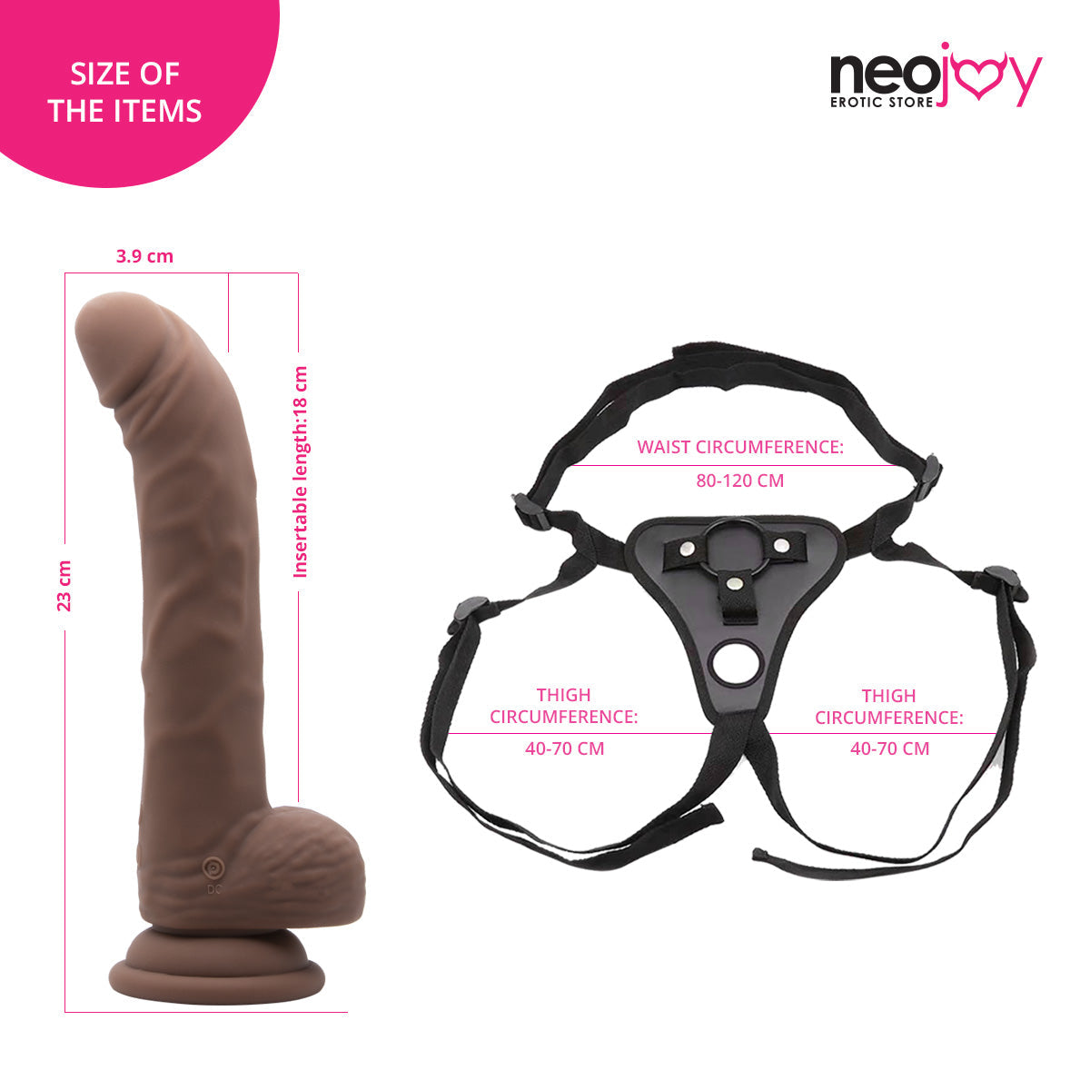 Neojoy - Biggy Vibrating Dildo With Strap-On Dong Harness - Brown - 23cm - 9.1 inch
