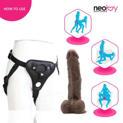 Neojoy - Ultra Realistic Dildo With Strap-On Dong Harness - Brown - 24.5cm - 9.6 inch