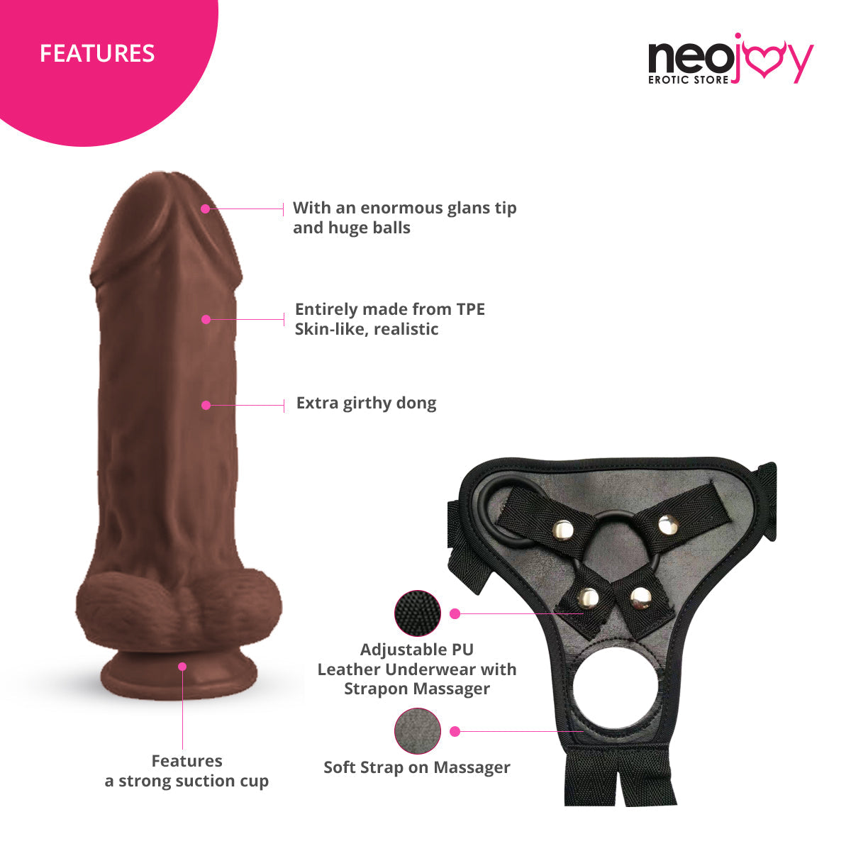 Neojoy Biggest Bad Boy Dildo With Strap-On - Dong Pegging Sex Toy - Brown - 28cm - 11 inch